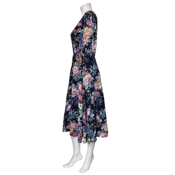 VTG 90s PASSPORTS PIER 1 IMPORTS Midi Rayon Dress L Floral Print Cottagecore - Picture 3 of 10